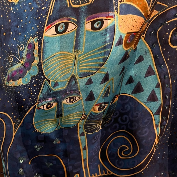 *Sold* Laurel Burch Indigo Cats and Butterflies 100% Silk Oblong Scarf 53 X 11! - Picture 7 of 12
